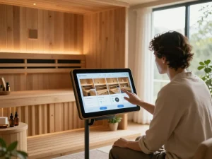 Interactive sauna configurator on touchscreen showcasing customizable sauna designs in a relaxing home setting.