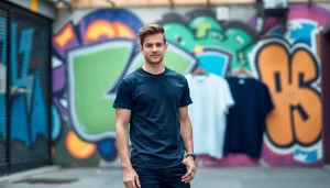 Showcasing the best blank t shirts worn by a model against a vibrant mural backdrop.