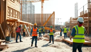 Domicile Construction site showcasing workers and machinery in action for ongoing projects.