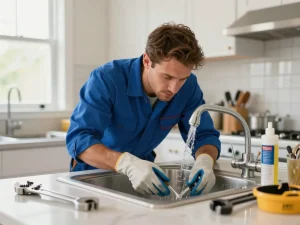 Plumbing services Rapid City SD showcased by a professional plumber repairing a kitchen sink, surrounded by tools and a bright workspace.