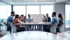 Engaging teamwork scene focused on workforce development in a modern office environment.