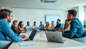 Engaged participants in a workforce development training session in a modern setting.