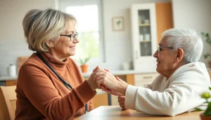 Engaging home healthcare services with a caregiver supporting an elderly patient in a warm kitchen.