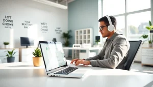 Typing Center: A focused typist at work in a sleek, organized office with modern equipment.