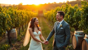 Couple joyfully celebrates their Clarksburg wedding in a picturesque vineyard setting.