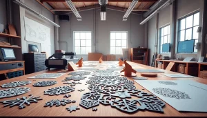 Showcasing laser cutting designs in a modern workshop environment, highlighting artistic precision.