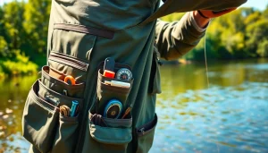 Angler showcasing a fly fishing vest with tools and accessories on a serene riverbank.
