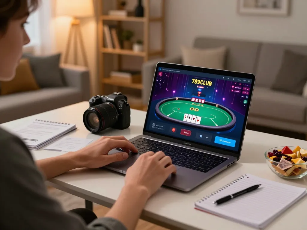 Engaging gameplay on 789CLUB app in a stylish home setup with notes and snacks.