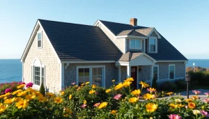 Cape Cod homes featuring an elegant design with an attached garage surrounded by vibrant greenery.