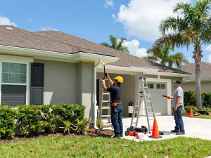 Seamless gutters installation in Jacksonville FL, showcasing professional contractors installing custom gutters on a residential home.