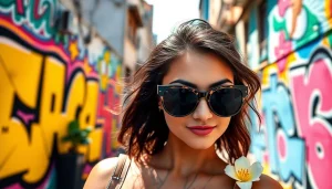 Showcasing trendy sunglasses for women on a model in a colorful urban environment.