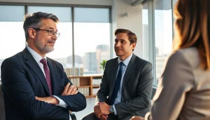 Clearwater truck accident lawyer discussing options with a client in an office setting.