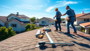 Workers performing roof replacement Bay Area on a sunny residential home.