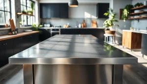 Showcasing a sleek stainless steel table in a modern kitchen, emphasizing its polished features.