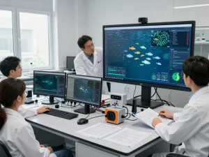 Professionals analyzing hydropower data using hbet in a modern lab setting, showcasing technology at work.
