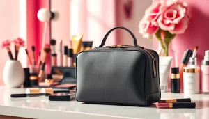 Showcasing the skone cosmetics signature makeup bag surrounded by beauty essentials.