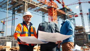New York Commercial General Contractor collaborating on a construction site with detailed blueprints.