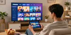 Pikashow streaming app user enjoying movies and shows in a cozy living room setting