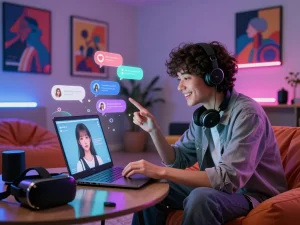 Engaging interaction with AI slut chatbot in a vibrant digital lounge setting
