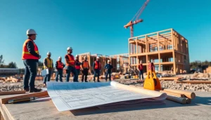 New Jersey Commercial General Contractor supervises building project on a bustling construction site.