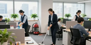 hauswartung solothurn in a modern office with cleaning staff and professionals collaborating over workspace solutions