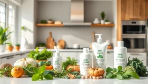 Showcase of AMC Essentials products in a modern kitchen, emphasizing natural and organic living.