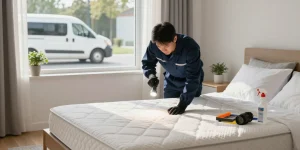 Bed bug exterminator inspecting mattress for pests in a modern bedroom.
