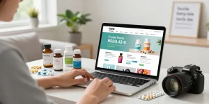 Browsing crystal MDMA online within a vibrant pharmacy e-commerce setting, showcasing a wide range of health products and supplements.