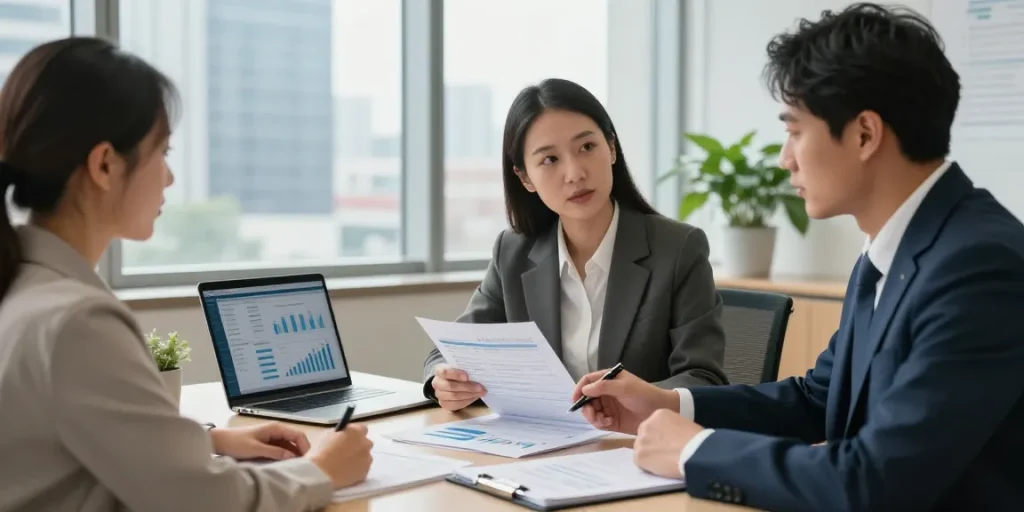 Financial advisor near me discussing investment plans with clients in a modern office setting.