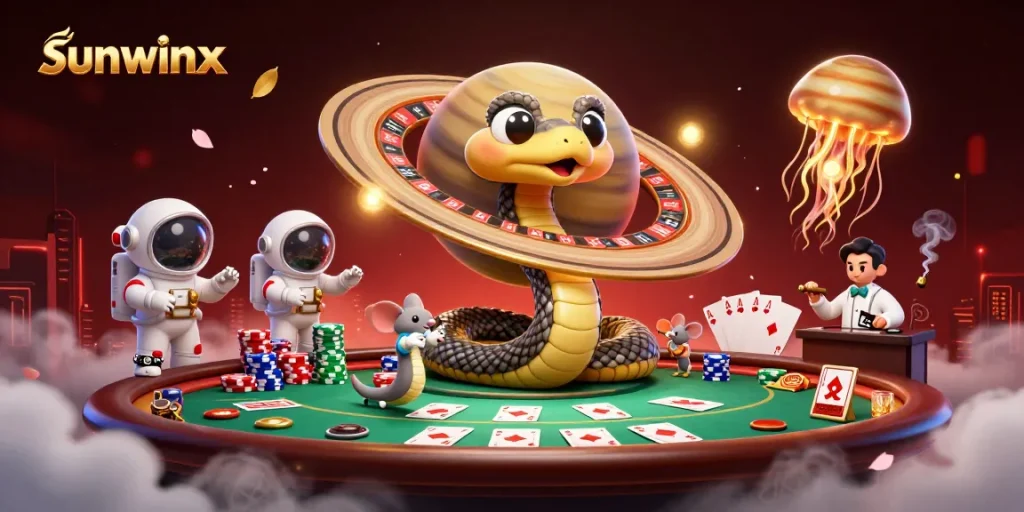Sunwinx showcases a cosmic casino scene with games, bets, and a golden jellyfish dealer.