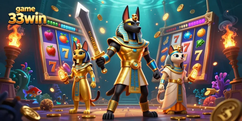 Engage in game 33win with Anubis and Bastet among colorful slots and jackpots.