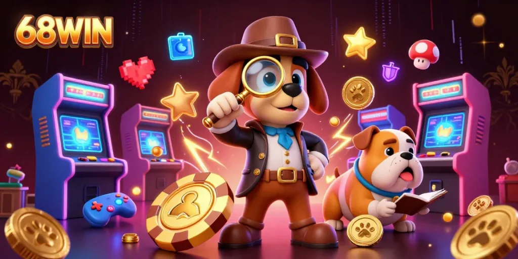Play and win at 68WIN with a dynamic illustration showcasing a thrilling casino adventure.