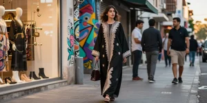 Woman in an embroidered abaya walking confidently in a vibrant urban street.