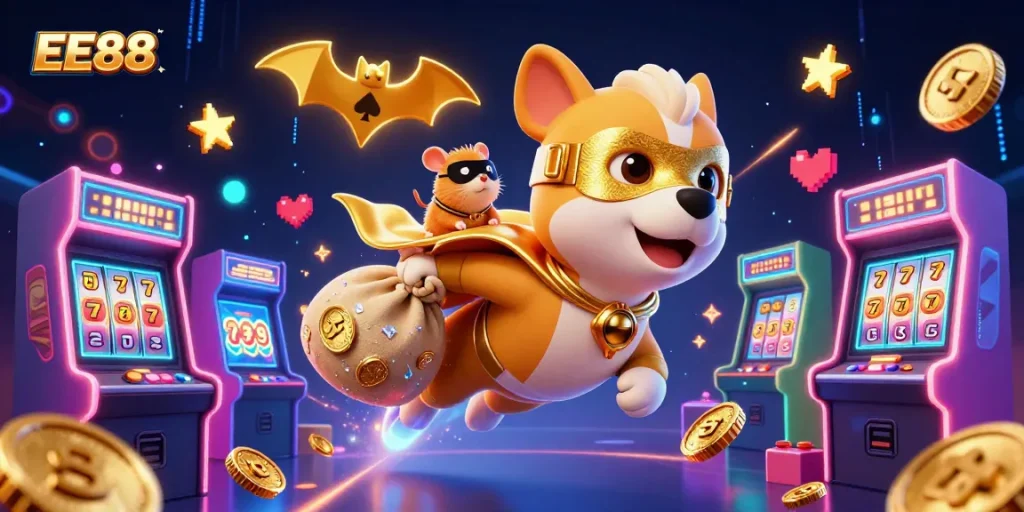 Win big at EE88 with vibrant cartoon characters amidst a dynamic casino environment.