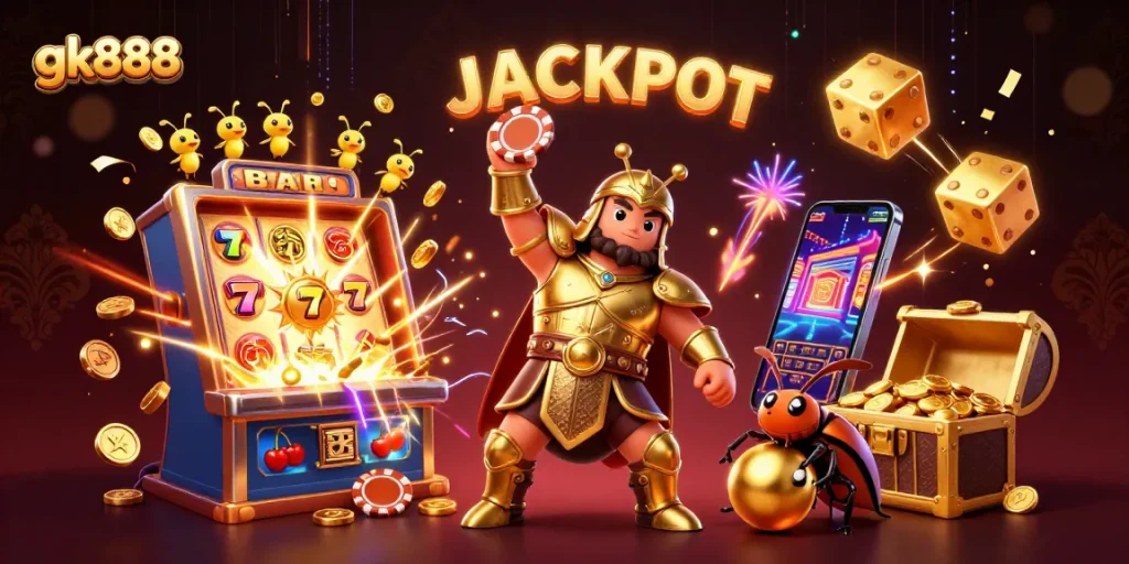 Experience the excitement of gk888 with a victorious beetle and jackpot theme in a captivating casino scene.