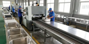 Workers assembling sinks at a stainless steel basin factory, showcasing quality craftsmanship and efficient processes.