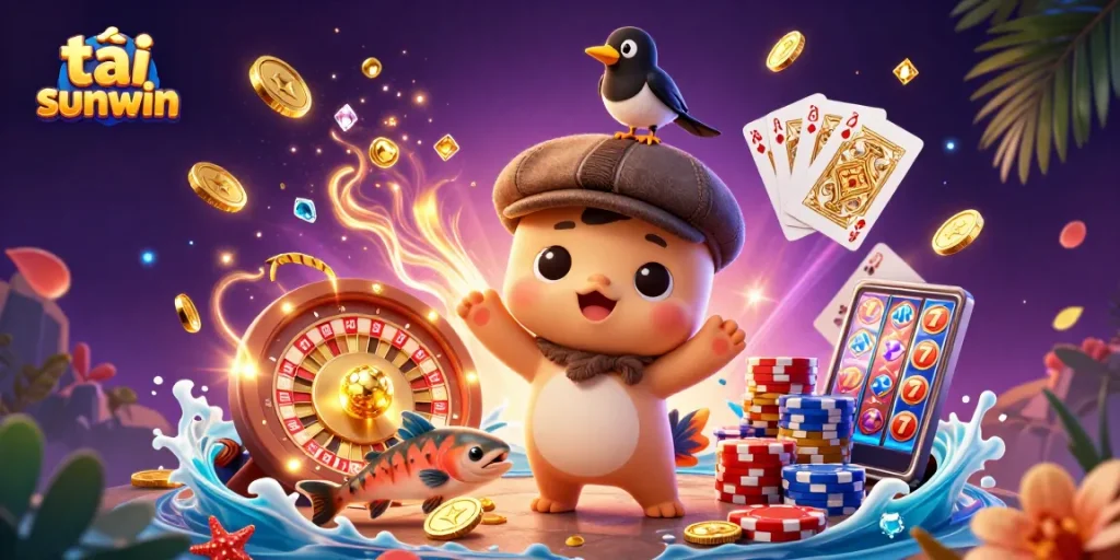Experience thrilling gameplay as you tải sunwin with charming characters, vibrant casino elements, and gold coins!