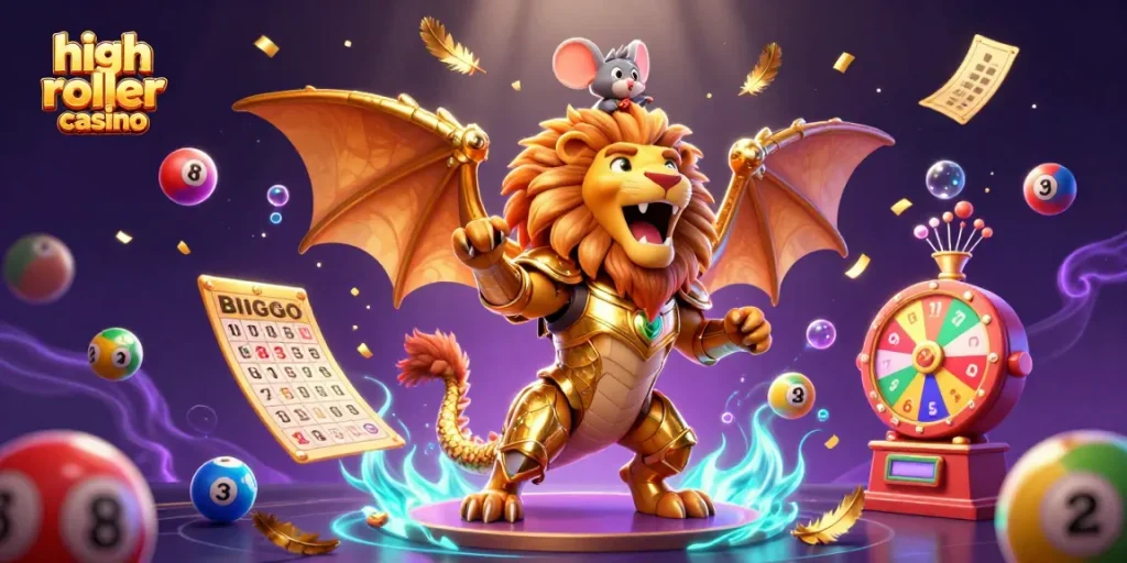 Engage with the high roller casino experience featuring a chimera creature in action with vibrant gaming elements.