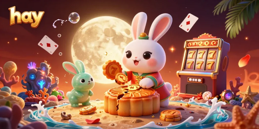 Experience thrilling gaming with hay in this vibrant casino illustration featuring a moon rabbit!