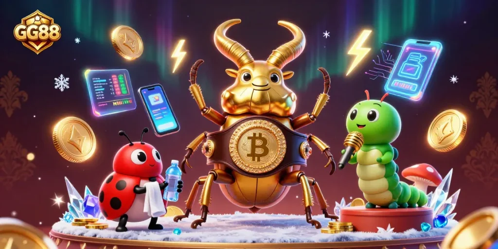 GG88 features a golden stag beetle champion battling in a vibrant, dynamic casino-themed illustration.
