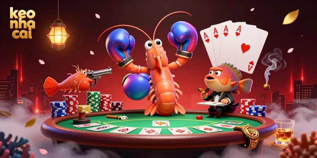 Enhance your betting experience with keo nha cai, showcasing vibrant characters and poker elements in action.