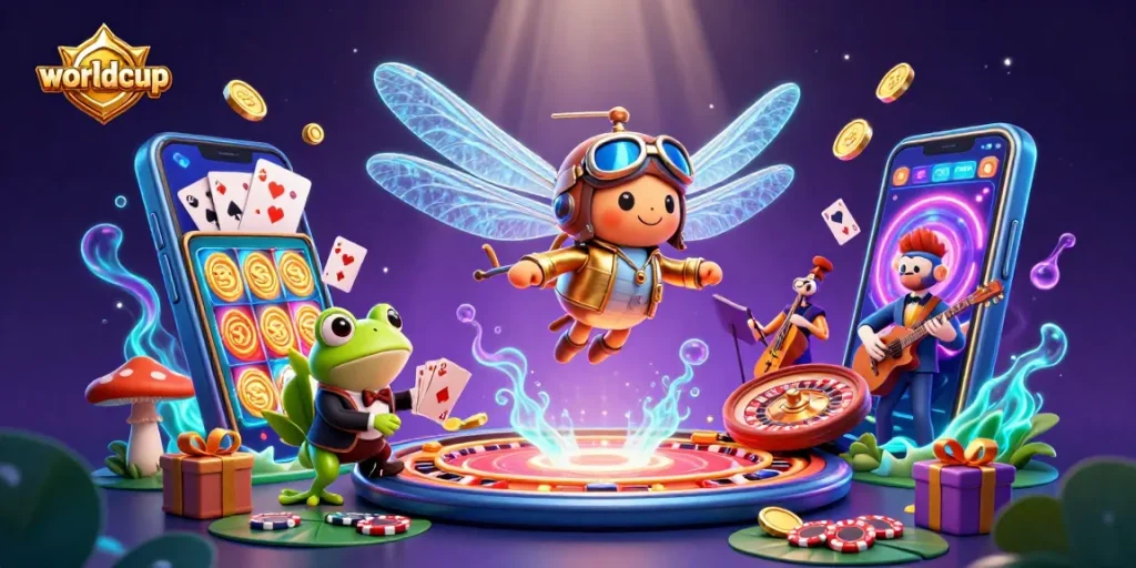 worldcup themed whimsical casino scene with dragonfly pilot, frog dealer, and jazz musicians